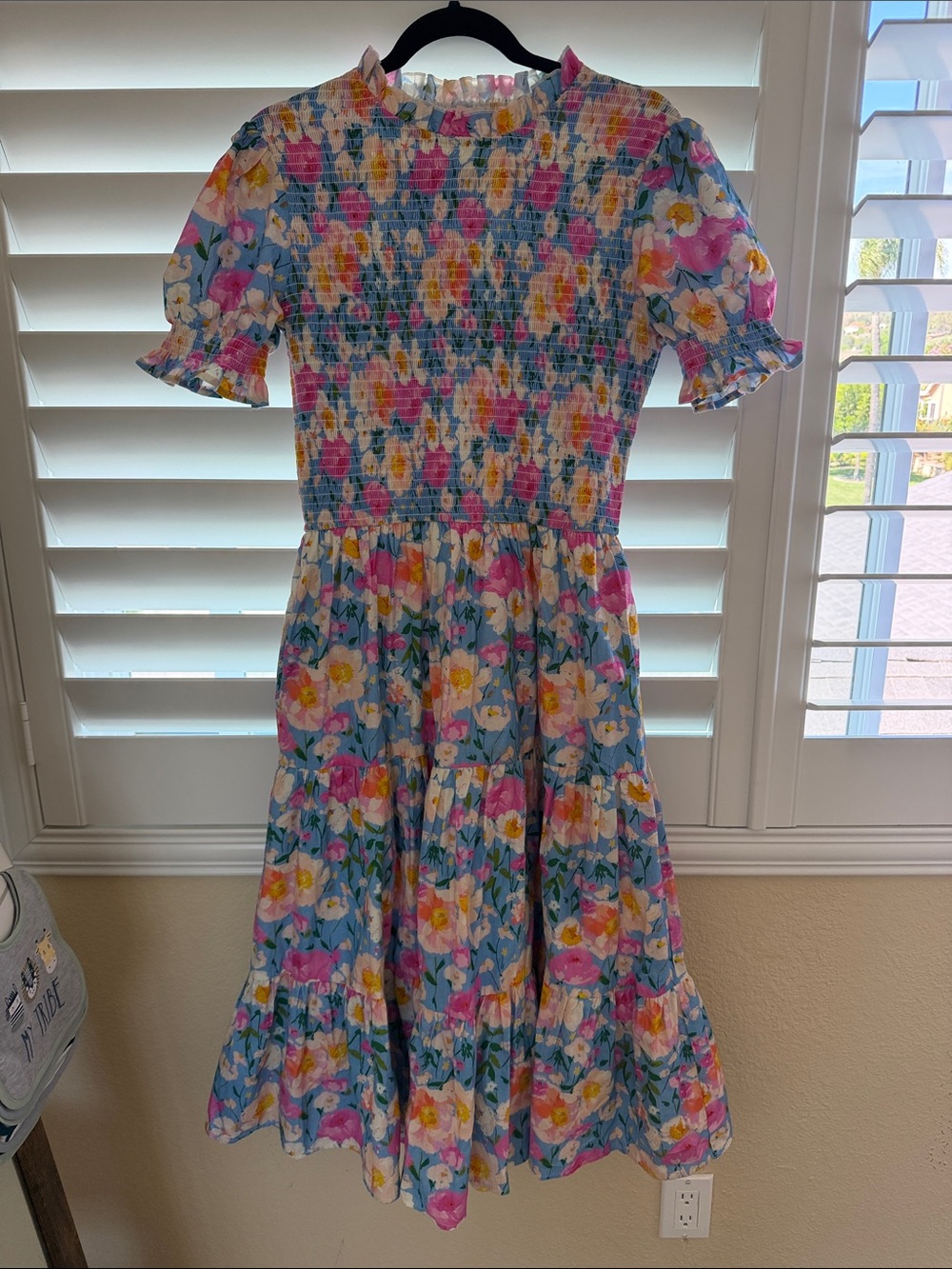 Ivy City Co Blue Floral Smocked Midi Dress with Pink & Yellow Blooms